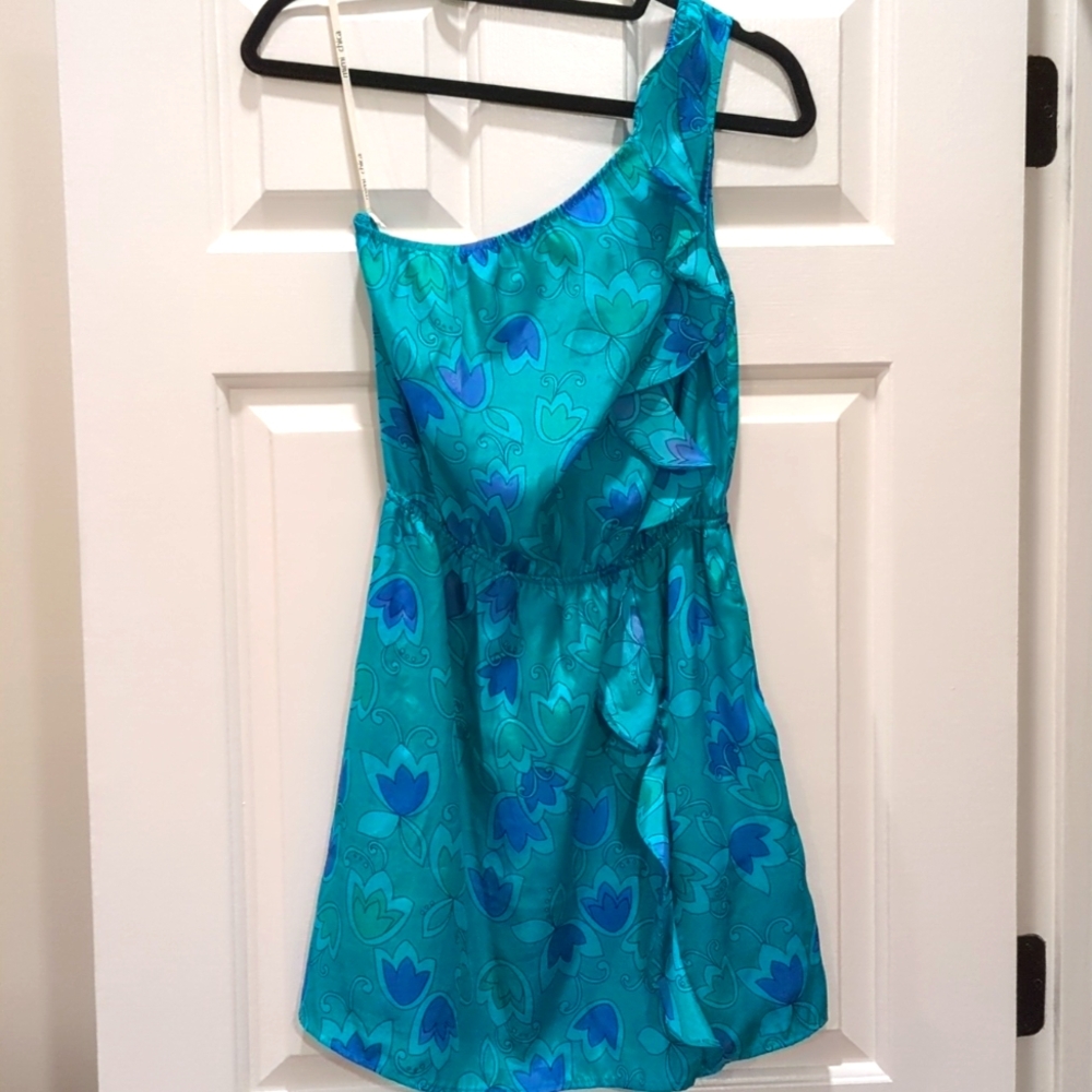 One Shoulder Sundress Teal with Blue and Green Flowers